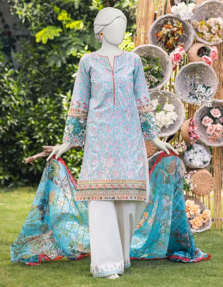 BLUE LAWN UNSTITCHED 3PC | JJLS-S-JPUS-23-583